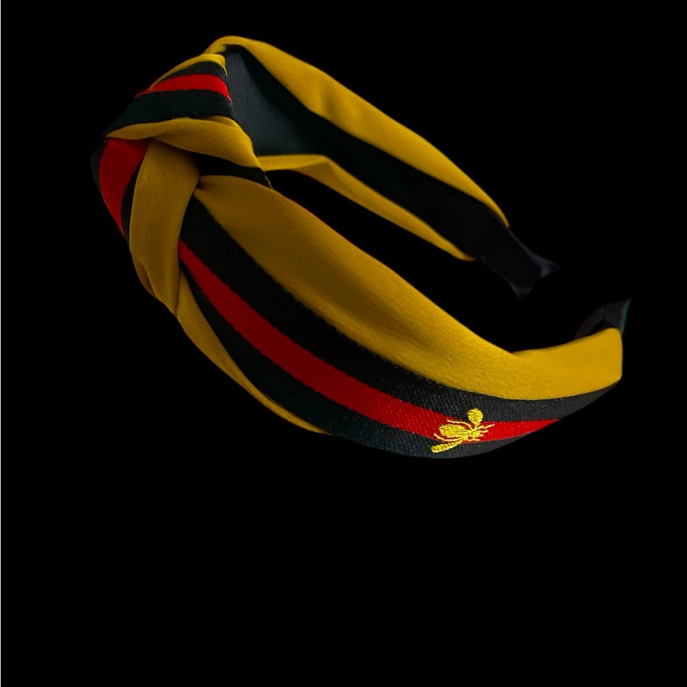 Mustard yellow black red Gucci style stripe and bee print knot headband preppy